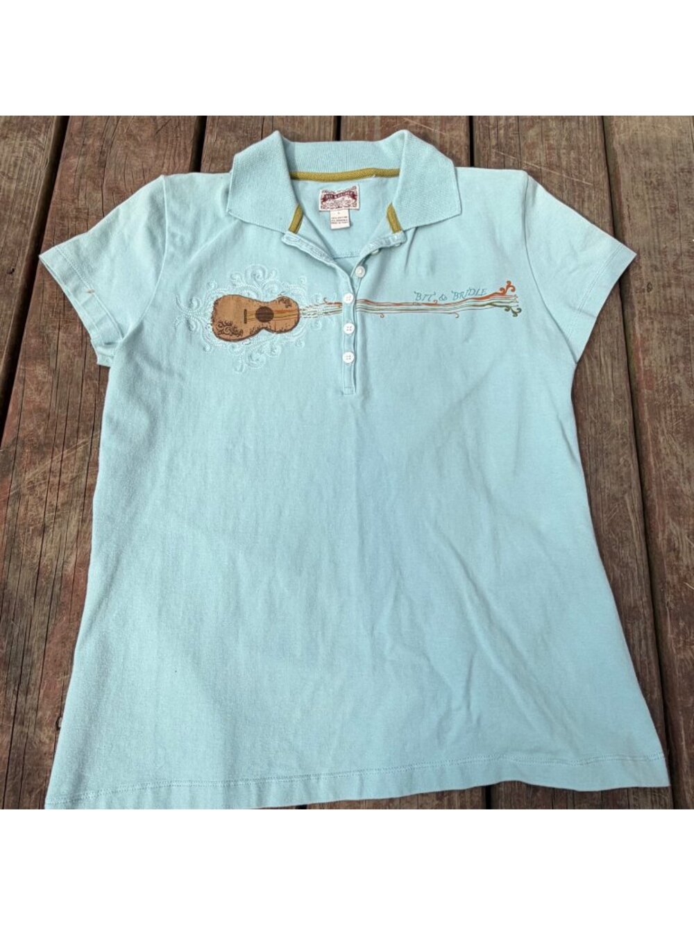 Y2k Bit & Bridle Womens Light Blue Polo Shirt With Guitar Embroidery Size L